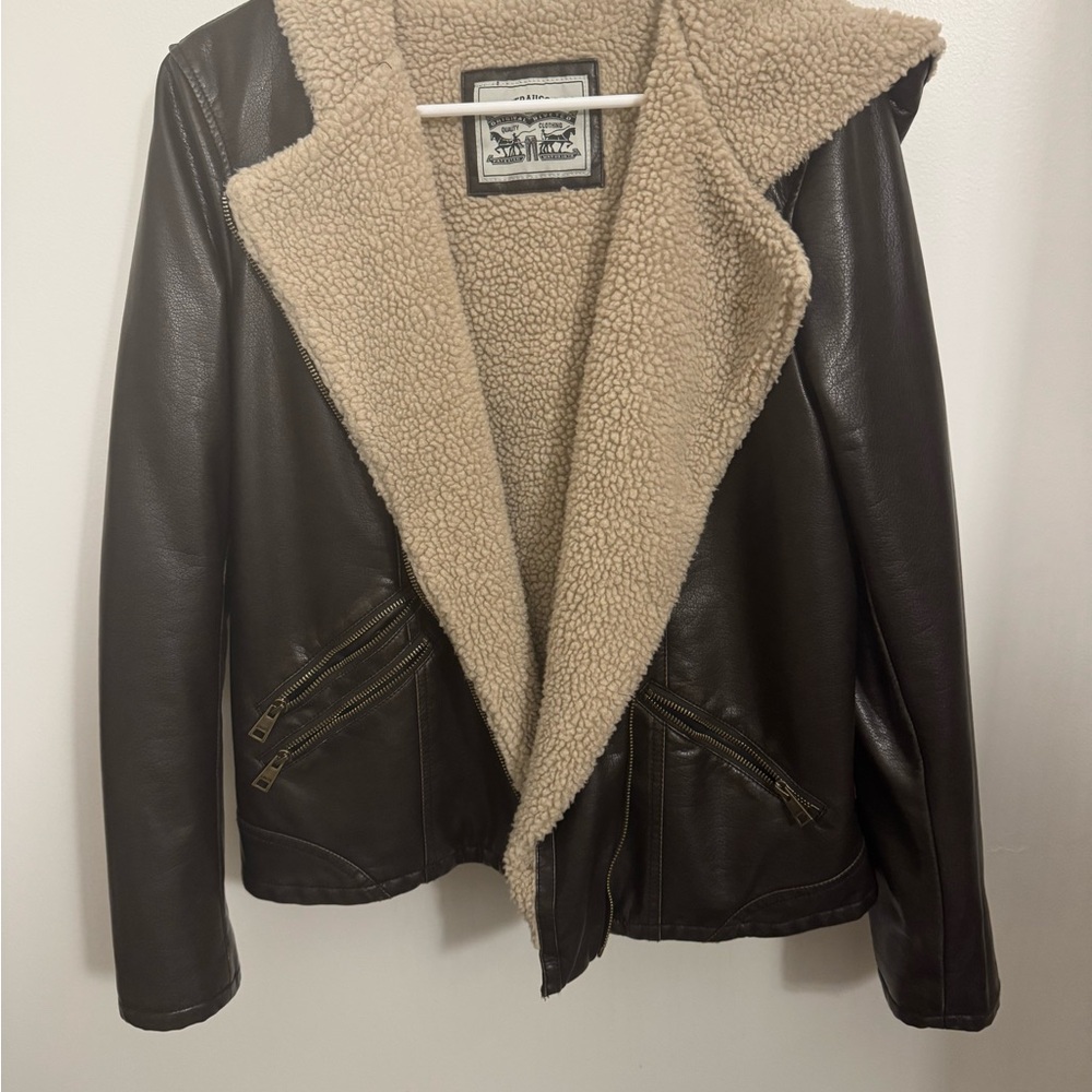 Worn Once! Women's Brown Leather Jacket with Cream Lining